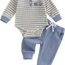 Newborn Baby Boy Clothes Infant Boy Girl Striped Long Sleeve Sweatshirt Romper Bodysuit Soft Fall Winter Outfit (0-3 Months, Blue)