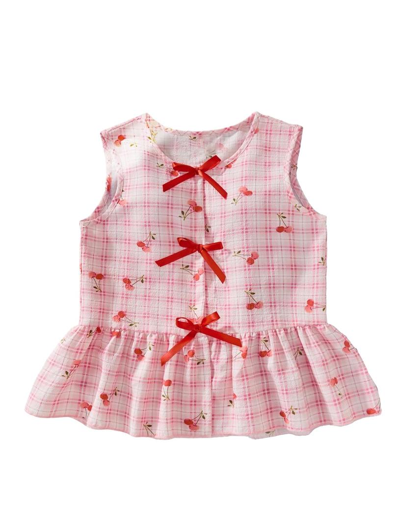 WDIRARA Girl's Cherry Plaid Tank Top Cute Bow Sleeveless Ruffle Hem Peplum Tops Pink 9Y (Pink, M)