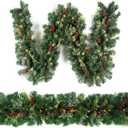 Christmas Garland with 50 Lights 9 Ft, Prelit Xnas Garland with Red Berry, Pine Cone, Cypress Leaf, Battery Operated Christmas Decor for Mantle Staircase Indoor and Outdoor