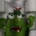 Cute Green Monster Resin Figurine Indoor Outdoor Garden Statue Whimsical Funny Desk Decor - Little Alien Creature with Red Flower/Sprout, Unique (Green)