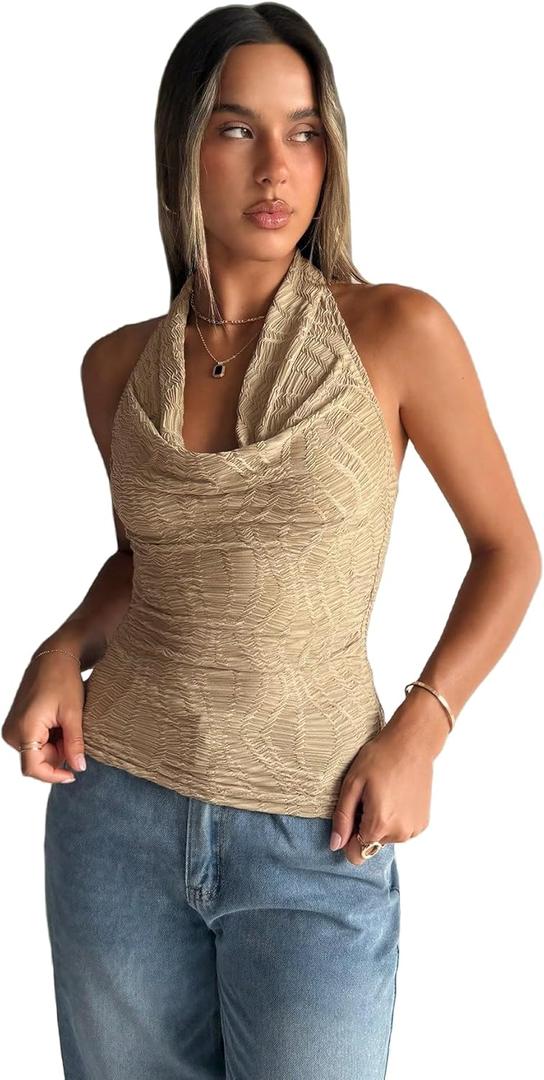SHENHE Women's Halter Front Draped Backless Cowl Neck Textured Dressy Sexy Plunge Top (Khaki, Large)