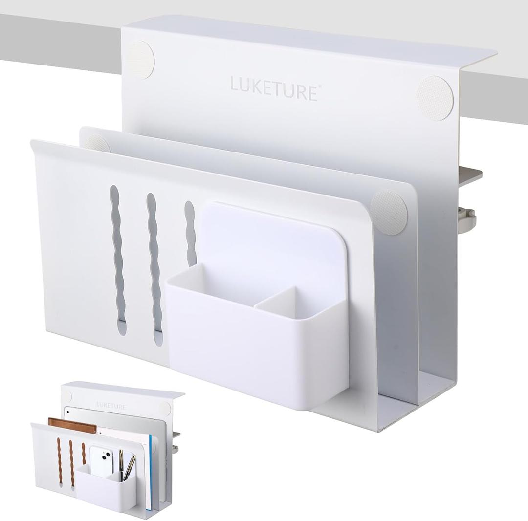 LUKETURE Desk Side Storage, 2 Tier Steel Side Desk Organizer, No Drill Laptop Holder, Clamp on Laptop Mount with Pen Holder, Fits Flat Edge Tables 0.3" to 2.8" (White, L(2 Tier))