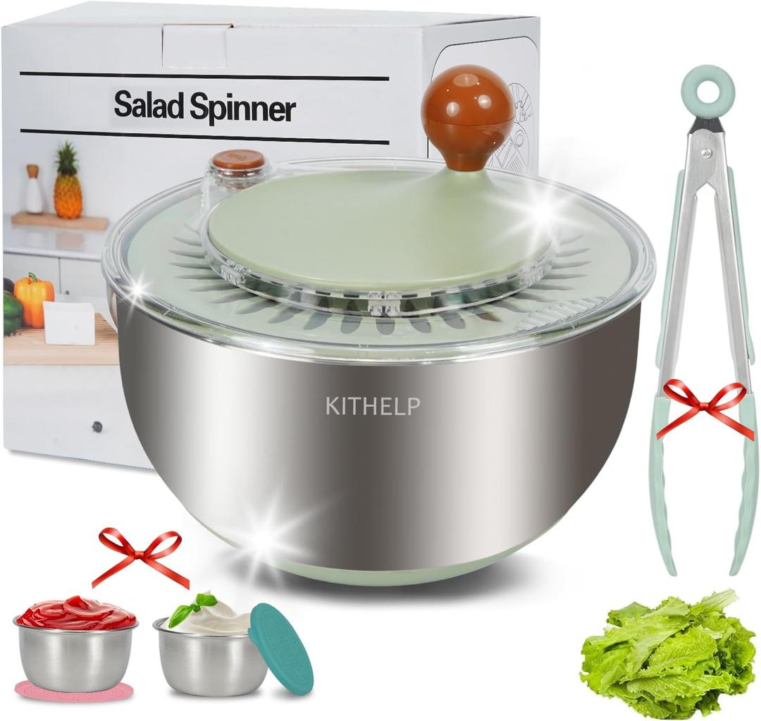 KITHELP Stainless Steel Salad Spinner Large, Vegetables Fruits Wash Bowl with Strainer, Lettuce Spinner Dryer for Efficient Salad Preparation 5.3Qt (Silver)