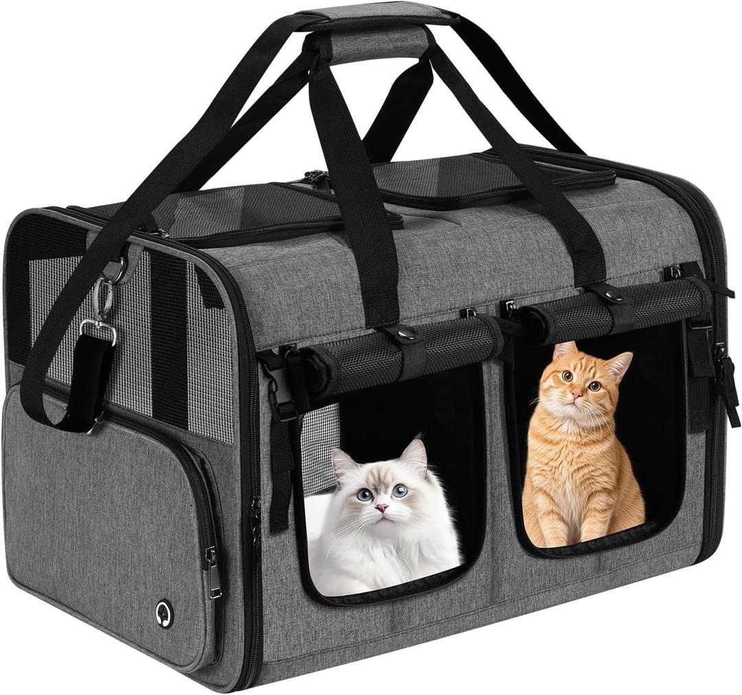 Cat Carrier for 2 Cats, Foldable Double Cat and Dog Carrier, Small to Medium Size, 2 Front Zippered Compartments,Two Pets Carrier for Travel,Mulitple Cat Carrier (Dark Gray with Flat Pocket)