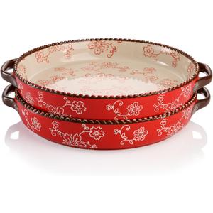 AVLA 2 Pack Ceramic Pie Pan, 9 Inch Round Baking Dish with Double Handle, 28 Ounce Deep Quiche Plate for Kitchen, Cooking, Roasting Lasagna (Sakura, Red)