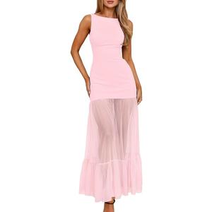 LAGSHIAN Women's Elegant Crew Neck Backless Maxi Dress Sleeveless Back Tie Mesh Evening Long Dresses, Medium