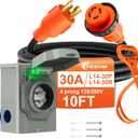10 FT 4 Prong 30 Amp Generator Cord and Power Inlet Box, NEMA L14-30P to L14-30R Generator Cord Waterproof Combo Kit, 125/250V 7500W 10 AWG SJTW Generator to House Hookup Kit UL&ETL Listed