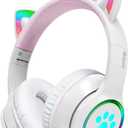 Gaming Bluetooth 5.0 Wireless Headphones Over Ear Cat Led Light Foldable Music Headset with Aux 3.5mm Microphone (Built-in) for Adult & Kids PC TV Game Music Pad Laptop Cellphone White
