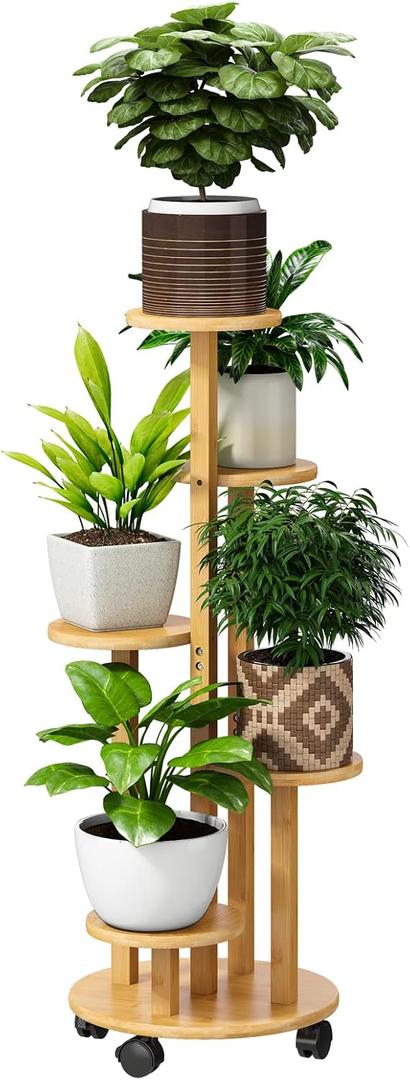 FILWH Plant Stand For Outdoor Indoor Tall Bamboo Flower Stand with Wheels Plant Shelf Pot Holder Plants Corner Display Rack for Balcony Garden Patio(Natural)