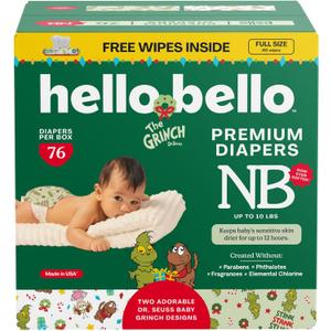 Hello Bello Dr. Seuss Baby Grinch Premium Diapers, Size NB (Up to 10 lbs), 76ct Plus Bonus Wipes: Softness & Protection for Sensitive Skin