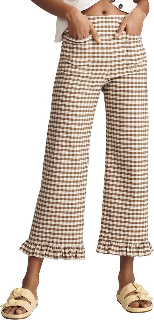 Women's Plaid Flare Pants Summer Casual Gingham Elastic Waist Ruffle Cropped Hem Y2K Loose Fit Trousers with Pockets (Brown, L)