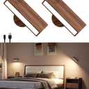 Battery Operated Wall Sconces Set of 2,Rechargeable Wall Lights Wood,Stick On Wall Lights for Bedroom,Wall Mounted Bedside Reading Lamps Dimmable,Battery Powered Wall Lamp for Bedroom