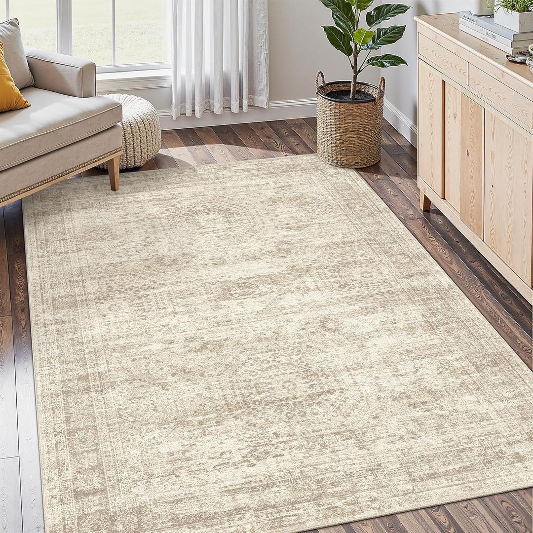 4x6 Area Rugs for Living Room, Vintage Washable Rugs for Dining Room, Bedroom, Home Office Decor, Non-Slip Beige Carpet Thin Rug