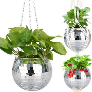 Disco Ball Planter, Disco Ball Plant Hanger with Hanging Rope, Hanging Chain, Hook, Circle and Extra Mirror Pieces (6" Silver, 4pcs)