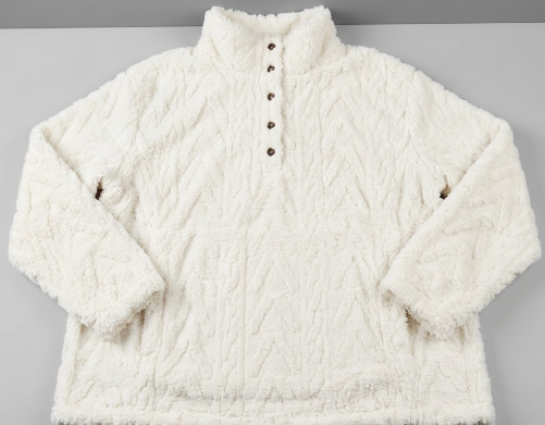 BLENCOT Women Fashion Button Down Collar Textured Shearling Long Sleeve Plain Cable Casual Fuzzy Fleece Ladies Sweatshirts Pullovers Shirts Tops White 2XL