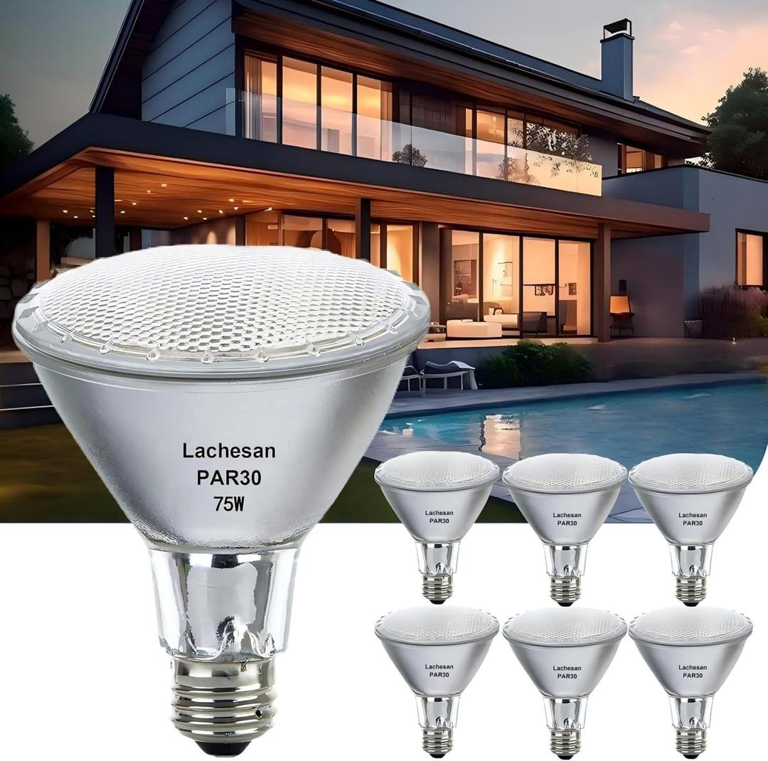 120V 75W Par30 Halogen Flood Light Bulbs, Halogen Long Neck Bulb, 2700K Warm White Dimmable High Brightness, Great for Accent Lighting, Tracking, Recessed Bulb 6Pack