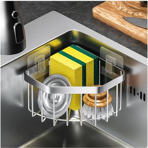 Anjing Kitchen Sink Caddy Corner Sponge Holder Organizer, Stainless Steel Adhesive with 4 Hooks (Silvery)
