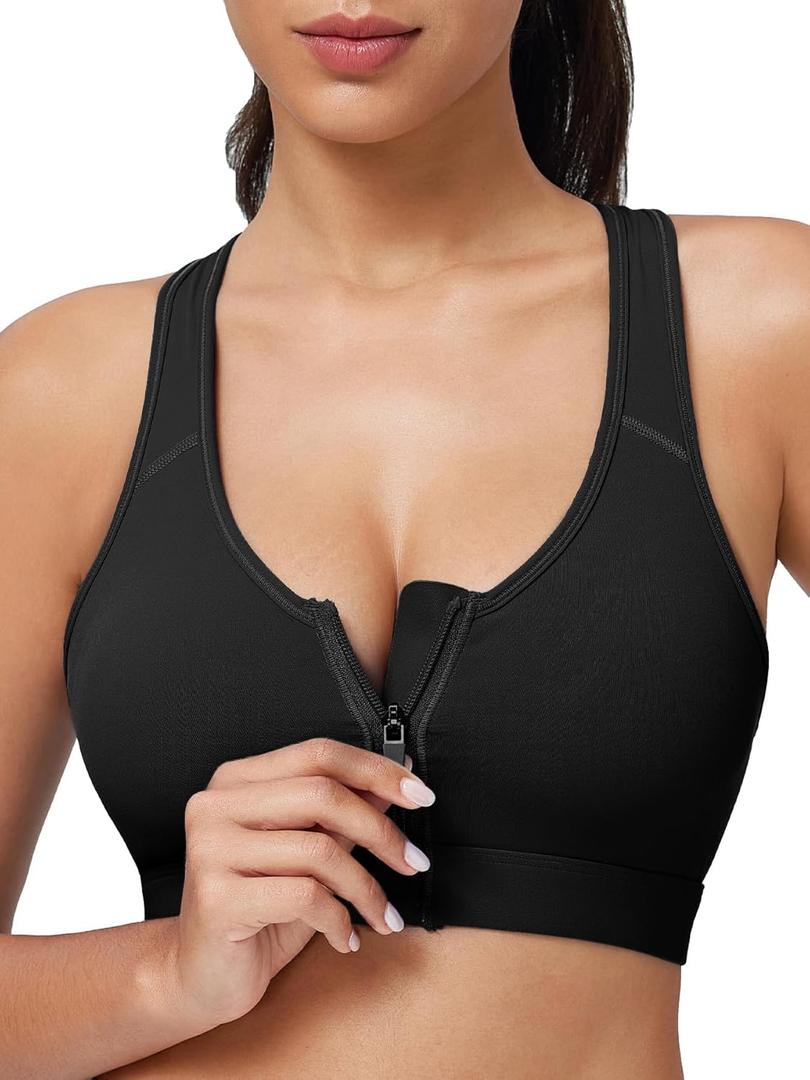 Zip Front Closure High Impact Sports Bra for Women Post Surgery Racerback Sports Bra High Support Workout Running Bras (Medium, Black)