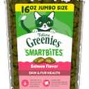Greenies Cat Treats, Feline Smartbites, Skin & Fur Health, Crunchy and Soft Cat Treats, Salmon Flavor, 16 oz. Tub (EXP 09/09/27)