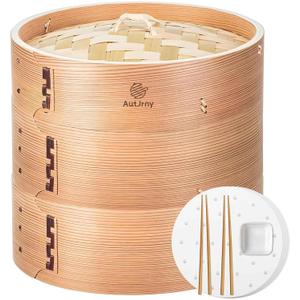 Cedar Steamer Basket 10 Inch | Extra-Deep 2 Tier Bamboo Steamer for Cooking | 50 Liners, 2 Chopsticks, Sauce Dish | Steaming Asian Food, Bao Buns, Dim Sum, Dumpling, Rice, Vegetable Steam Pot