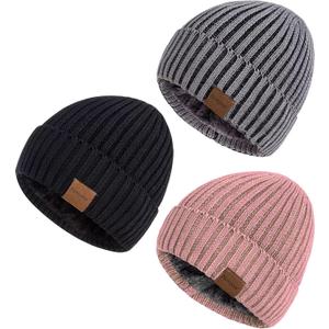 Nertpow Mens Beanie Hats 3 Pack, Winter Hats for Men Women Warm Thermal Fleece Lined, Thick Knit Fashion Skull Cap Cuffed Beanie for Guys (Color-06)