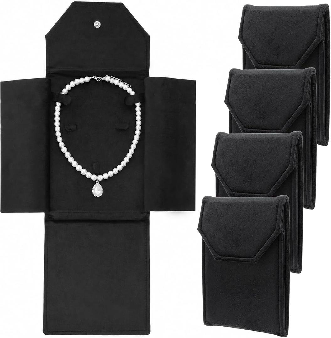 4Pcs Flannel Necklace Pouch Travel Jewelry Storage Case,black