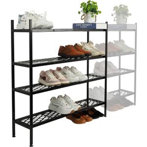 Shoe Rack, 4-Tier Long Shoe Rack, Stackable Shoe Storage Organizer Expandable Shoe Shelf Stand, Holds up to 25-30 Pairs of Shoes for Entryway, Garage, Front Door Entrance, Metal,45.6in Black