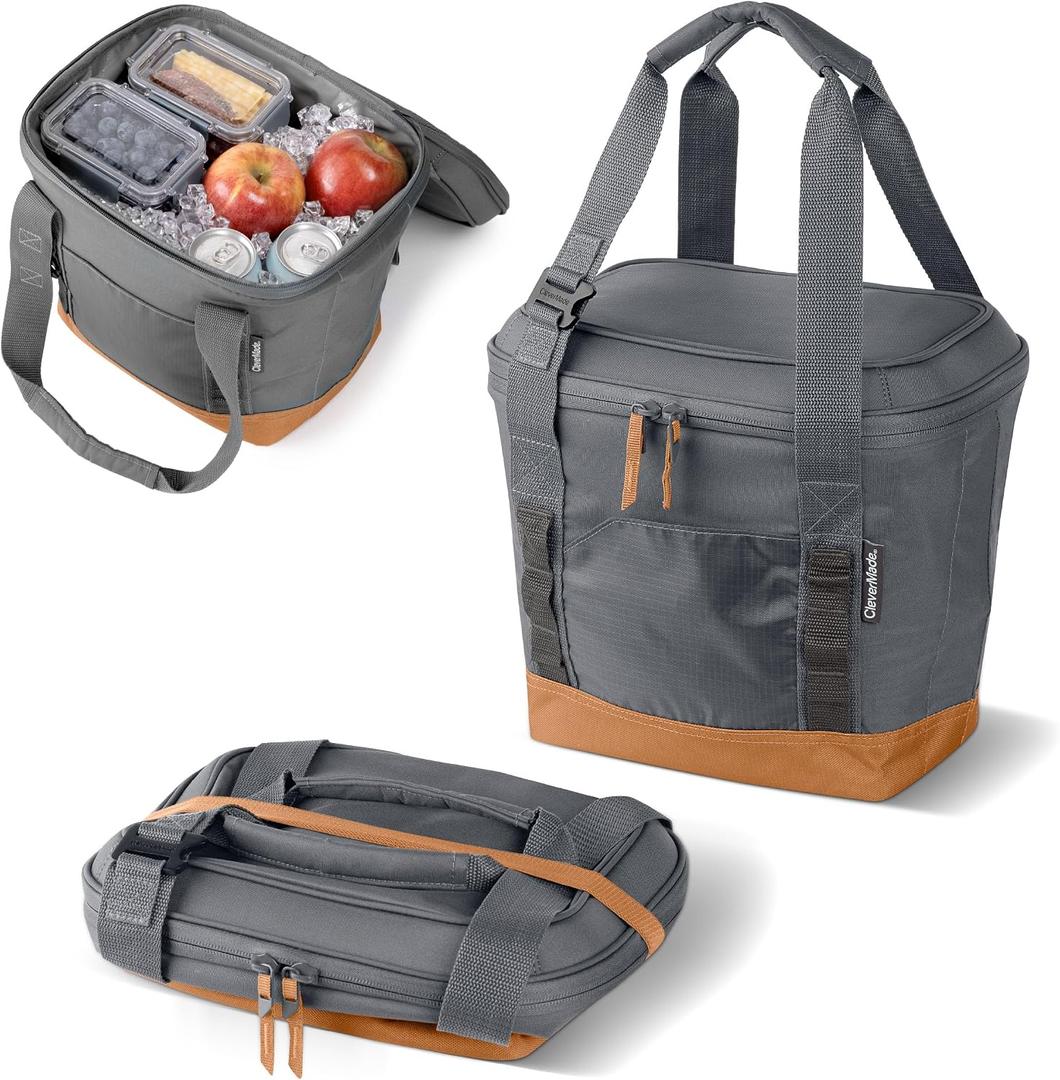 CleverMade Pacifica Collapsible Cooler Bag – Small Portable Cooler Bag for Travel, Foldable Insulated Cooler for Beach, Picnic & Road Trips, Holds Up to 18 Cans, Leakproof Soft Carry Cooler - Gray