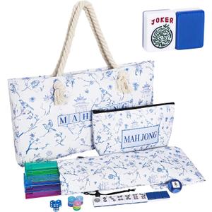 American Mahjong Tile Set, 166 Blue Tiles, Bag and Mahjong Accessories, 4 All-in-One Rack/Pushers, Mahjong Set Complete