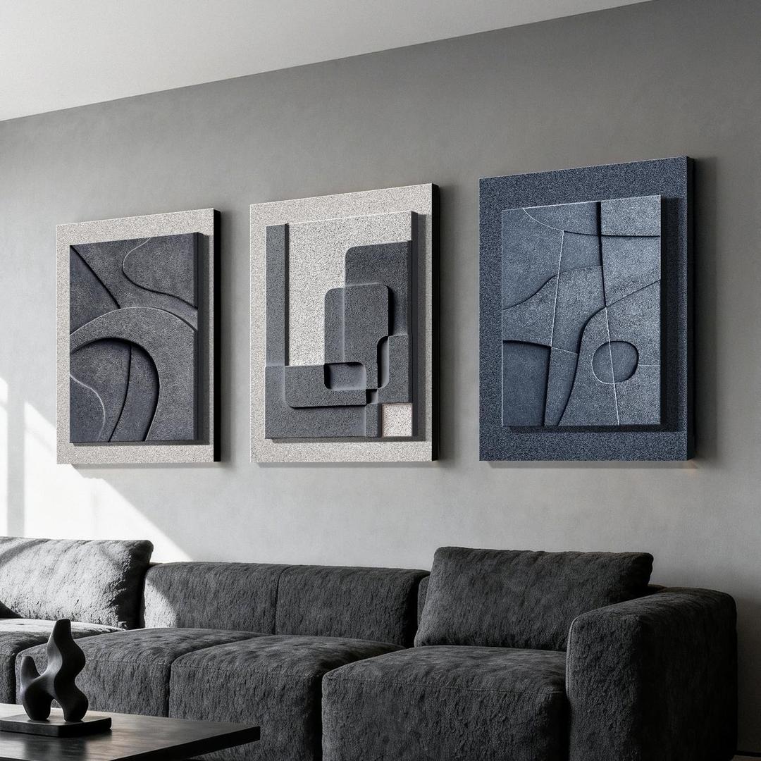 Azartslr 3D Abstract Textured Wall Art, Modern Black White Sandstone Wall Decor For Living Room, Blue Minimalism 3piece Home Bedroom Art Painting, Minimalist Artwork Dining Room Pictures Decoration