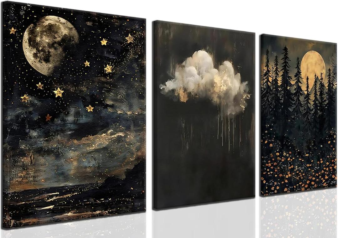 Mysterious Dark Melancholic Clouds Wall Art Dark Moon and Stars Abstract Gothic Vintage Painting Artwork Forest Pine Tree Yellow Flowers Poster Print For Living Room Bedroom Dining Room Home Decor 16x12 Inch (16L"x12W")
