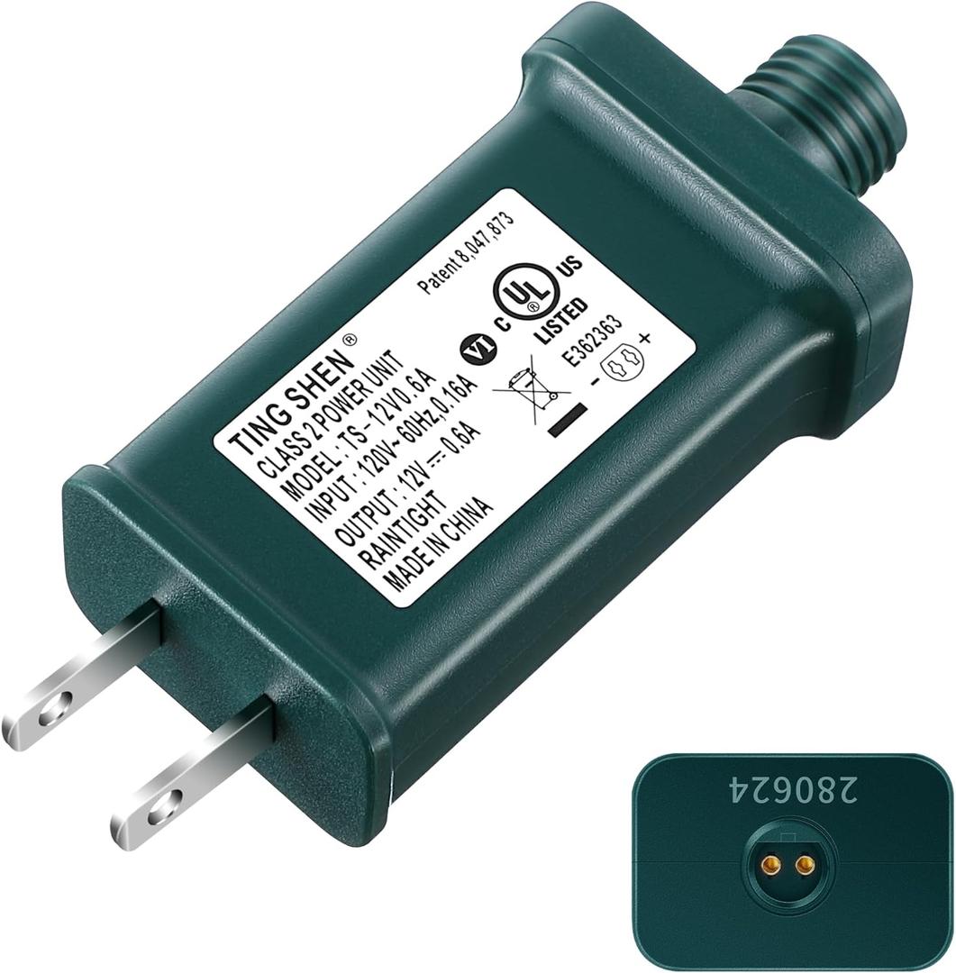 Enhon 12V Class 2 LED Power Supply, UL Certified Transformer Replacement, IP44 Waterproof US Plug Adapter for String Lights, Christmas Tree Lights, Right Positive (TS-12V0.6A)