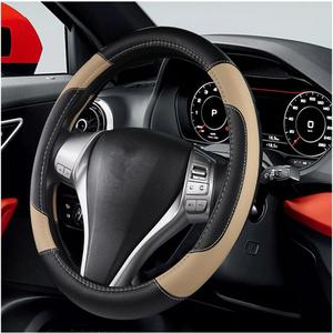 BELOMI Leather Car Steering Wheel Cover, Universal 15 Inch for Car Truck SUV, Non-Slip and Breathable, Sport Style Design Odorless Steering Wheel Protector, Automotive Interior Accessories (Beige)