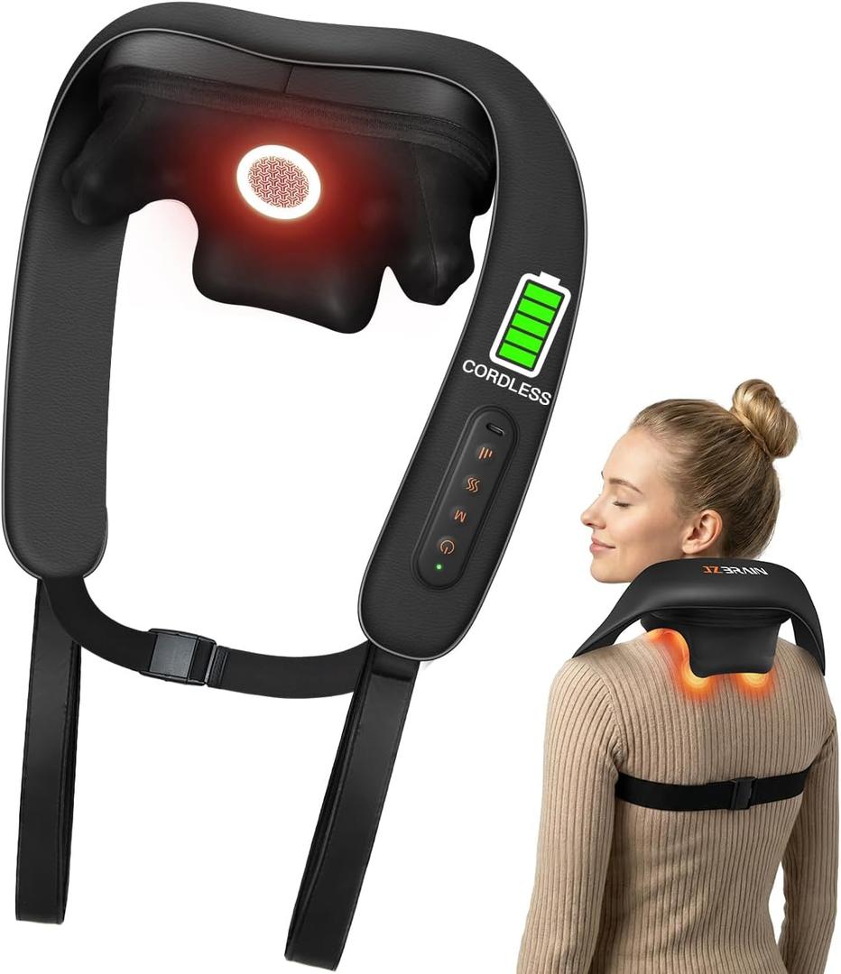 Neck Massager with Heat : Cordless Shoulder and Neck Massager for Pain Relief Deep Tissue - 3 Modes, 2 Intensity & 2 Heating Setting, Heated Kneading Massage Daily Comfort, Office and Home Use