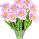TURNMEON 10 Pcs Tulips Artificial Flowers for Outdoors Summer Decor, 22'' Fake Tulips Silk Fake Faux Flowers UV Resistant No Fade Wedding Bouquet for Home Office Table Gardens Porch Decoration, Pink