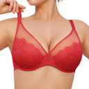 Popilush Minimizer Bras for Women Plus Size Full Coverage Lace Underwire Support Push Up Bra for Heavy Breast Everyday Wear (38DD, Red)