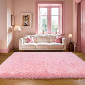 KICHOWUA Thick Area Rug 5x8 Pink Fluffy Fuzzy for Girls Bedroom, Washable Plush Pastel Big Rugs for Living Room, Modern Soft Shag Shaggy Furry Thickened Toddler Nursery Kids Dorm Room Carpet