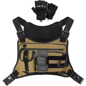 Outdoor Sports Chest pack for men with Gloves, EDC Chest bag for Travel, Lightweight Chest Rig Pouch, Tactical Running Chest Vest for Hiking, Cycling, Fitness, Motorcycle Riding, Workouts (Apricot)