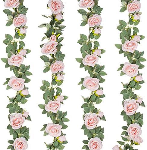 TELDRASSIL 3Pcs (26 FT) Artificial Rose Vine Fake Flower Garland Fake Silk Rose Hanging Vine for Wedding Party Background Arch Garden Background Decoration (Pink)