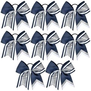 8 PCS Large Glitter Cheer Bows 8" Hair Bows Sparkly Cheerleading Softball Team Bow Hair Ponytail Holder Accessories for cheerleaders football Competition Sports- Silver Navy Blue White