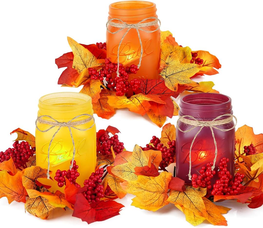 Fall Mason Jar Centerpieces for Tables  Thanksgiving Table Decorations with Autumn Leaves & Berries, Autumn Candle Holder Wreath Rings, Fall Taper Candle Rings for Dining Table