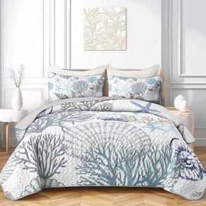3pcs King Size Coastal Quilt Set - Beach Bedding for Summer! Lightweight, Reversible Nautical Bedspread Comforter with Pillow Shams, Soft Microfiber - Ocean Vibes Inside! (Style 5)