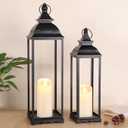 HAVITI 2 Pack Large Lanterns Decorative Indoor, Black Farmhouse Outdoor Lantern for Porch, Tall 22'' 17'' Lantern Decor (no Glass) with 2PCS Flameless Candles for Wedding Home Table Front Door