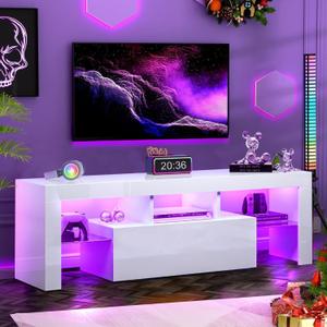 HOUAGI LED TV Stand for Televisions up to 55 Inchs, Black Modern Entertainment Center with Storage Drawer and Glass Shelf, TV Console Table for Living Room, Bedroom, 50in
