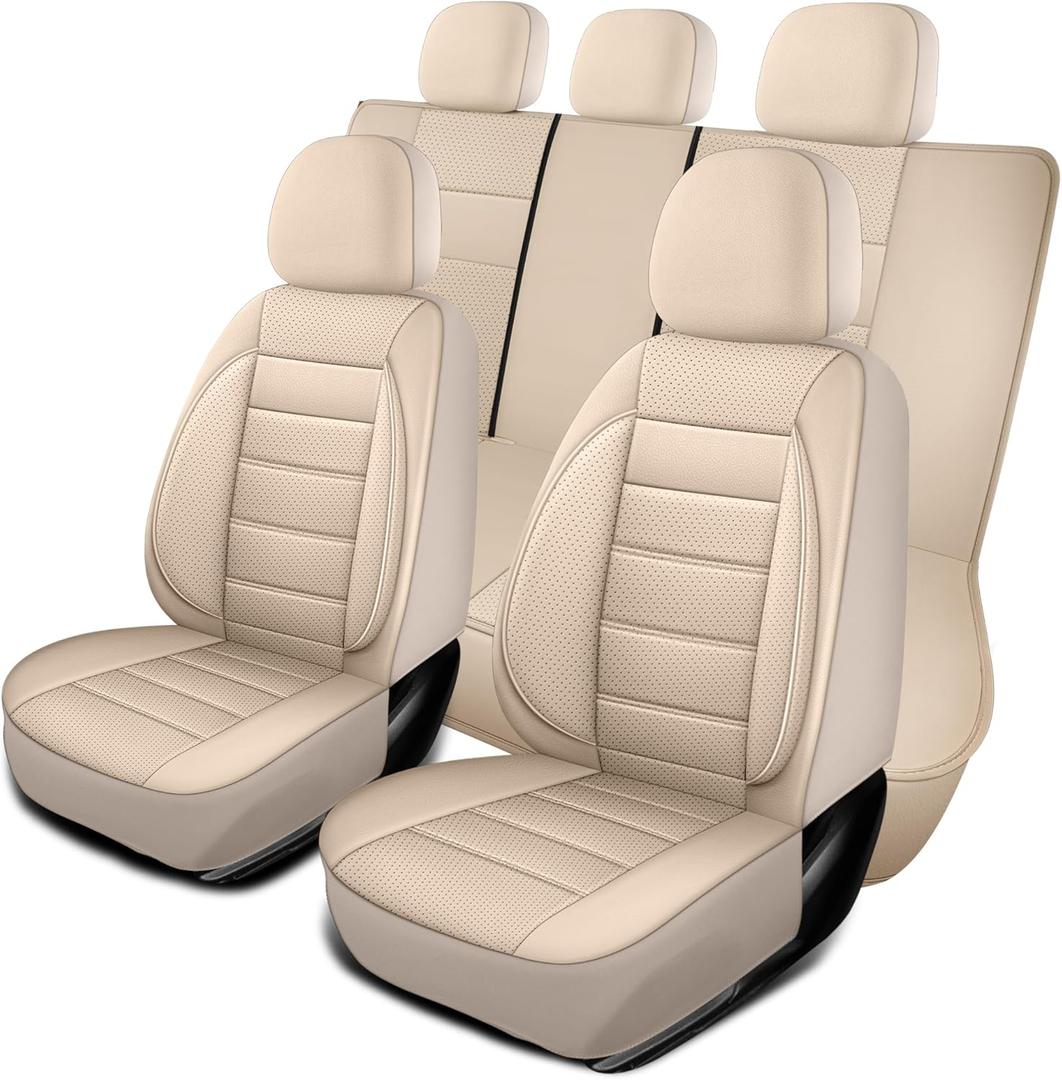 Leather Seat Covers Full Set Universal Water Resistant 3D Foam Back Support, Luxury Comfort Automotive 5 Seat Covers All Season Fit for SUV, Sedan, Van, Airbag Compatible Elegance (Beige)