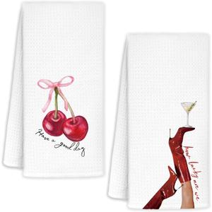 Cherry Kitchen Hand Towels Set of 2 16x24 Inch, Cherry Towels for Bathroom Decor, Gift for Preppy Towel, Trendy High Heel Boots Cocktail Kitchen Bar Dish Towels Decorative