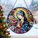 Virgin Mary & Flowers Stained Glass Window Hanging, 8" Round Religious Suncatcher for Indoor Window, Spiritual Birthday Gifts for Catholic Mother