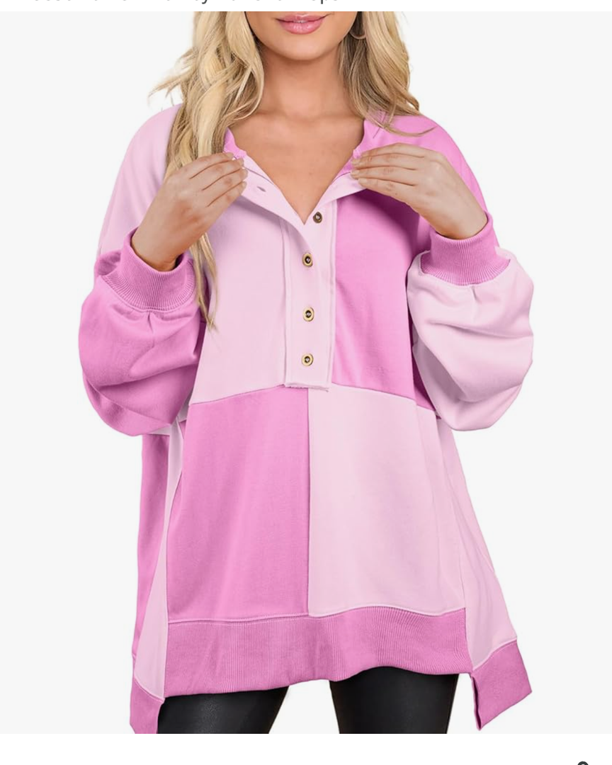 SHEWIN Womens Oversized Color Block Sweatshirts Casual Loose Button Henley Pullover Tops Large