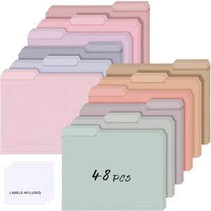 48 Pcs Colored Manila File Folders Letter Size with Labels 9.49 x 11.61 Inch 1/3 Cut Tab file Folders for Office Organizer Dividers Notes (Sweet Color)