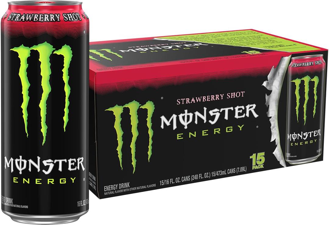 Monster Energy Strawberry Shot, Green, Original, Energy Drink, 16 Ounce (Pack of 15) (EXP 12/31/26)